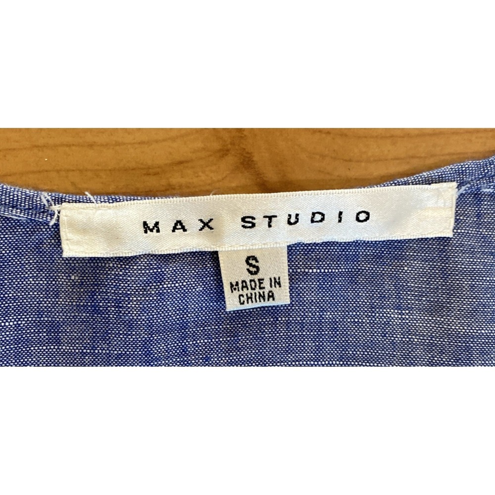 Max Studio Blue Long Sleeve Henley Linen Blend Popover Size Small Rolled Sleeve - Picture 7 of 11